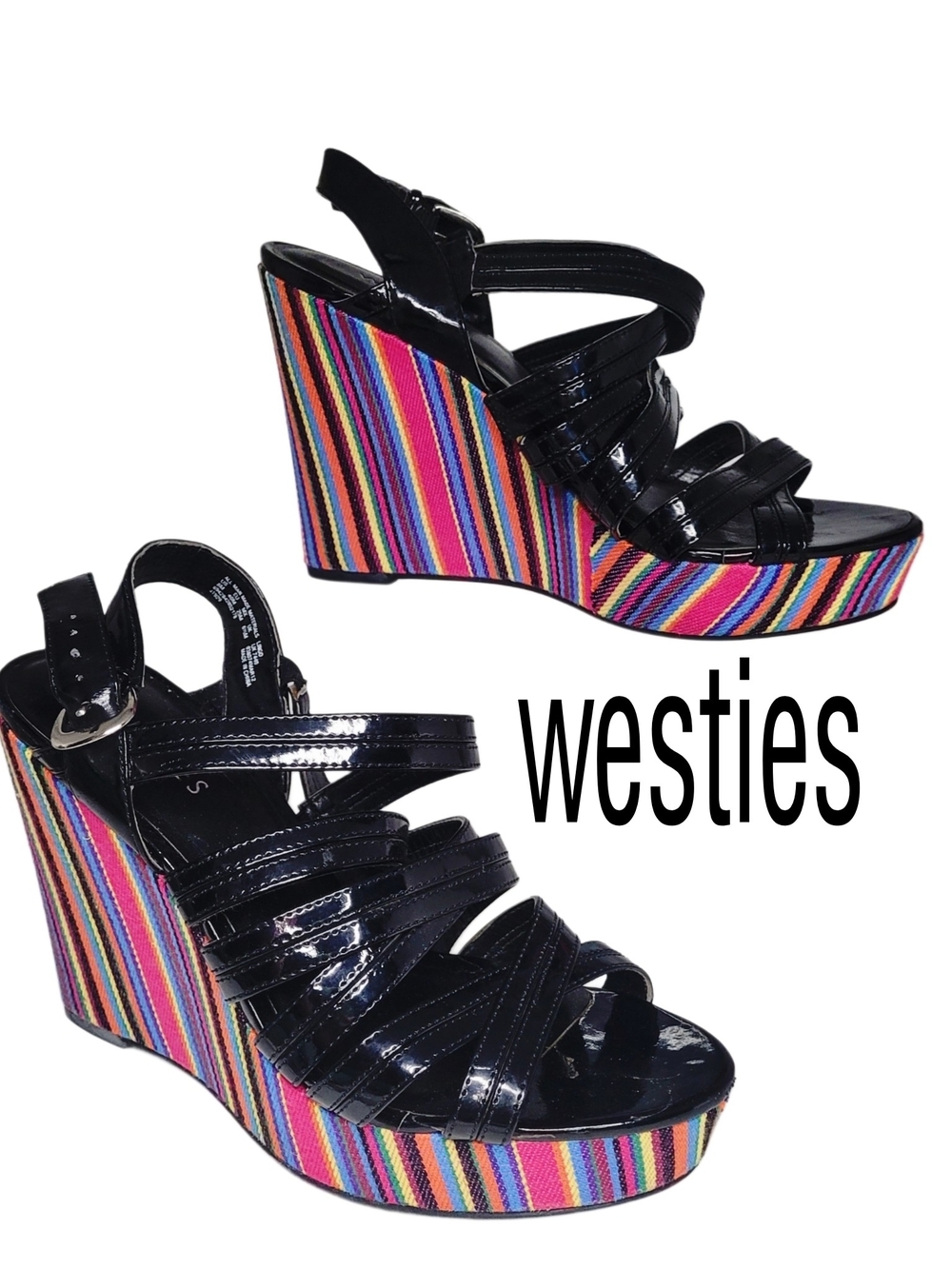 Retro Westies Black Patent Strappy Wedge Sandals w/ Fabric Rainbow Stripes
